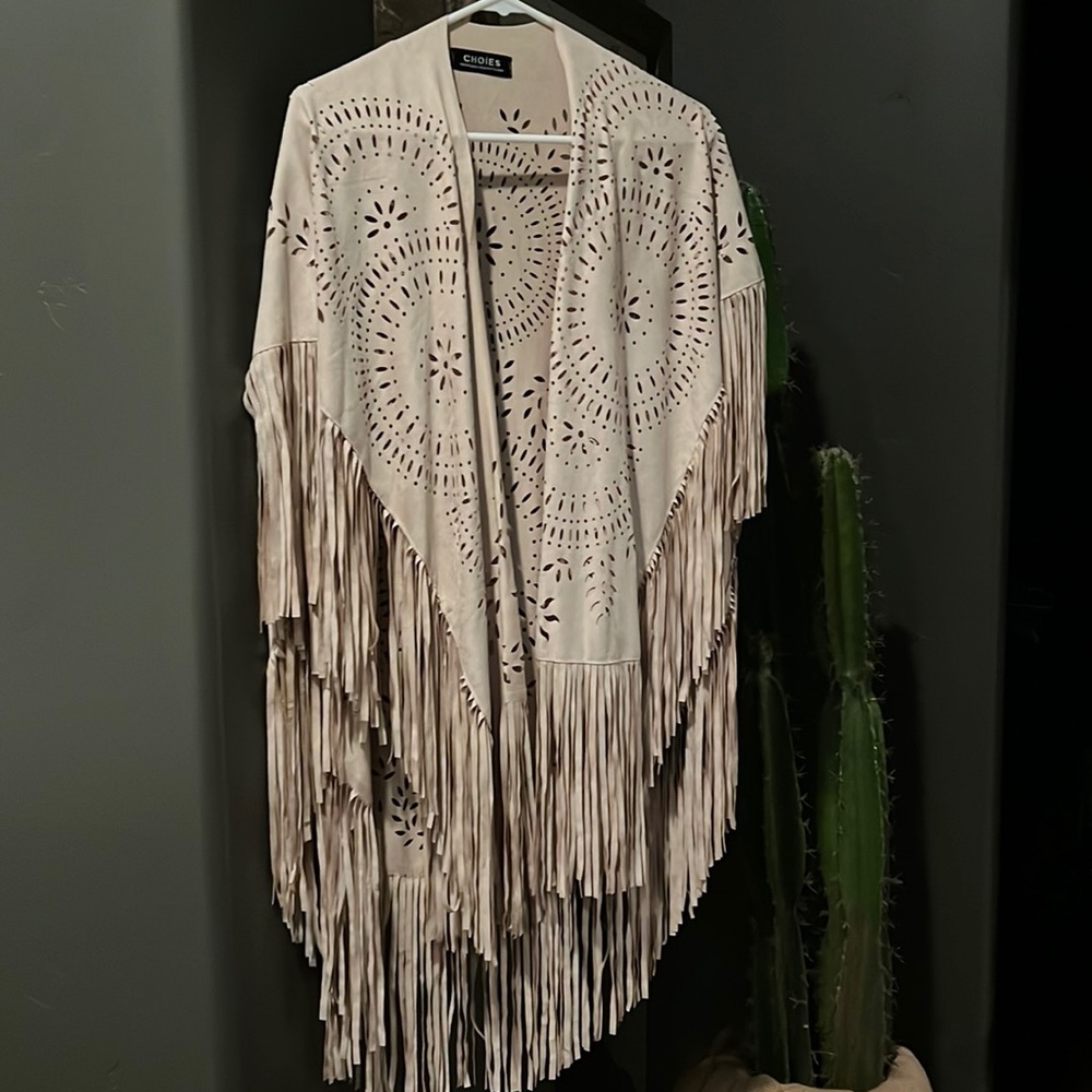 Faux suede fringe poncho